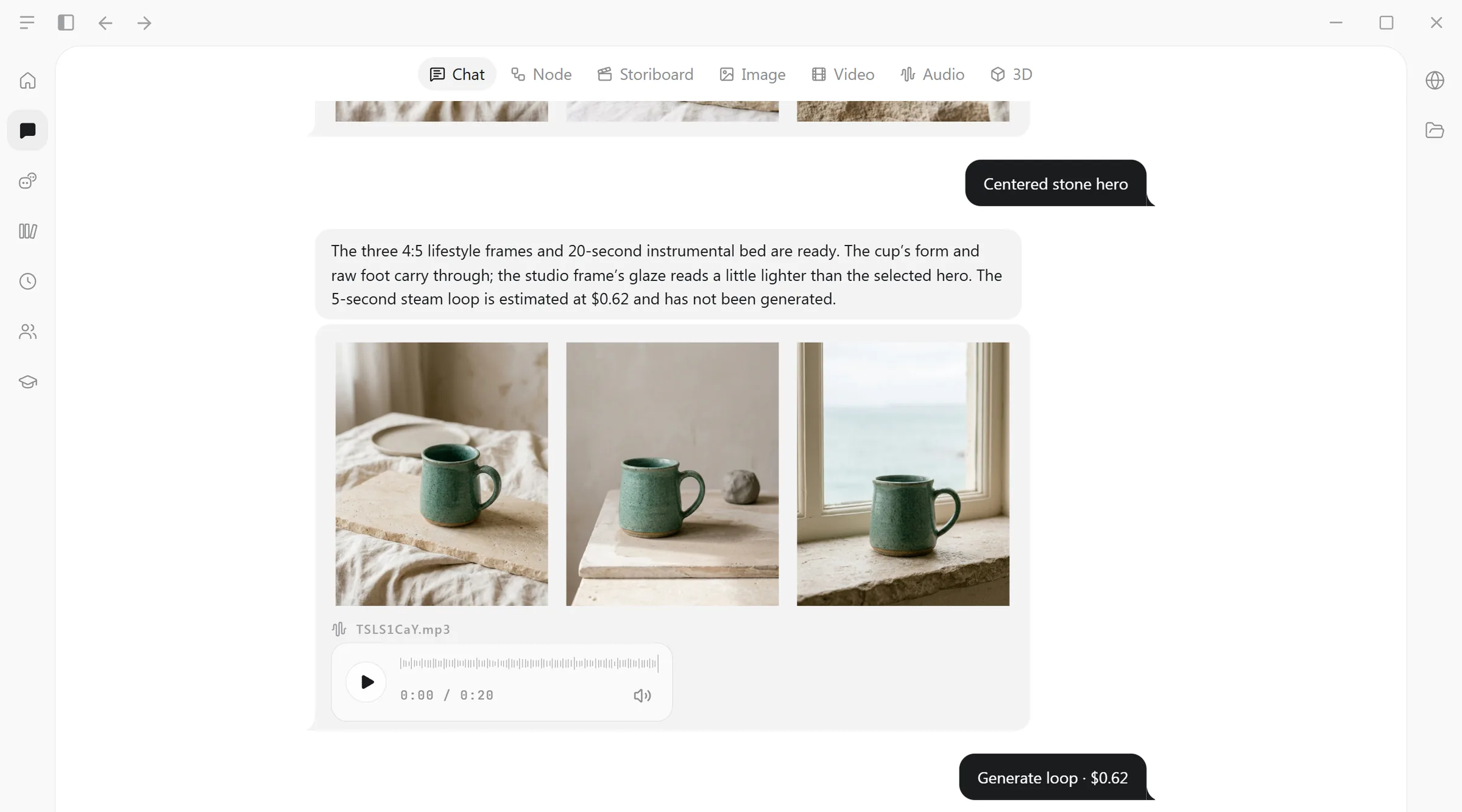 Stori's reply: three lifestyle frames and the music bed ready, the loop estimated at $0.62 and not yet run