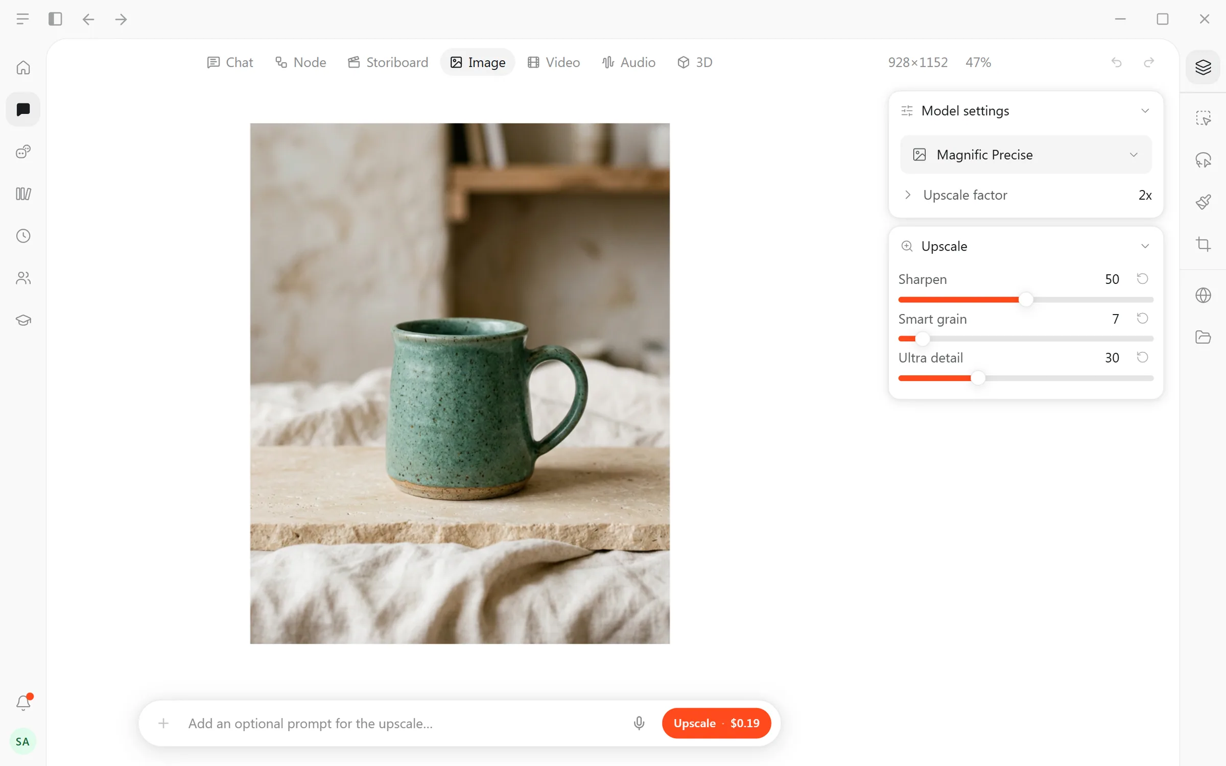 The hero open in the Image editor with Upscale set to Magnific Precise at $0.19