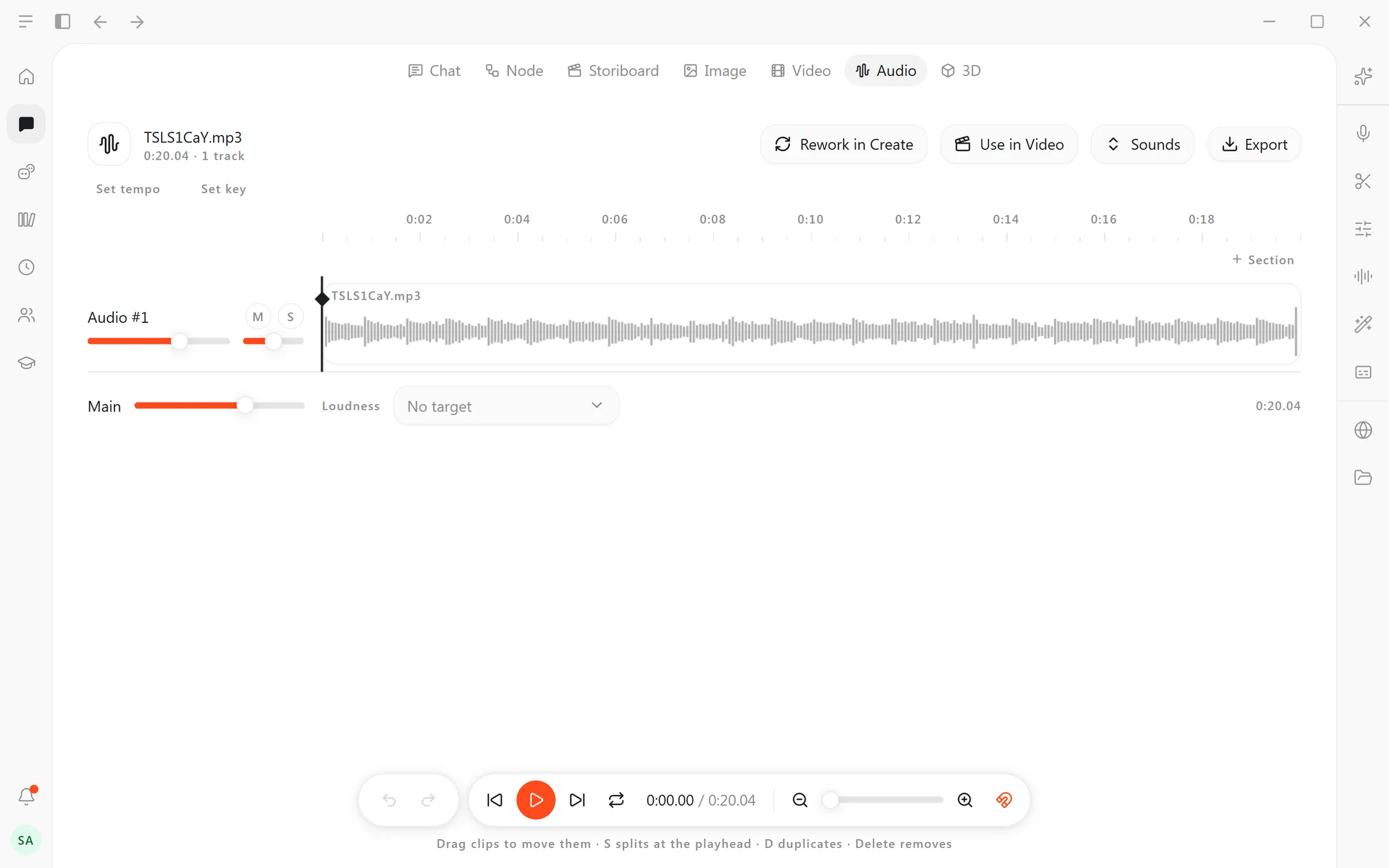 Audio: the 20-second music bed in the track editor