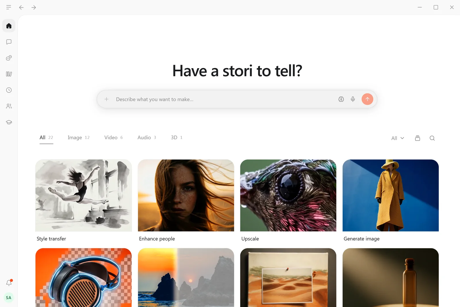 Home: the prompt box over the built-in Flows, with Style transfer, Enhance people, Upscale and Generate image first