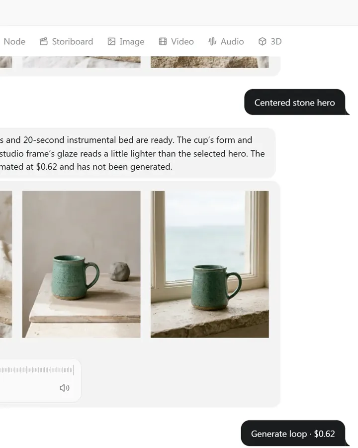 Stori's reply with the three lifestyle frames and the loop estimated at $0.62